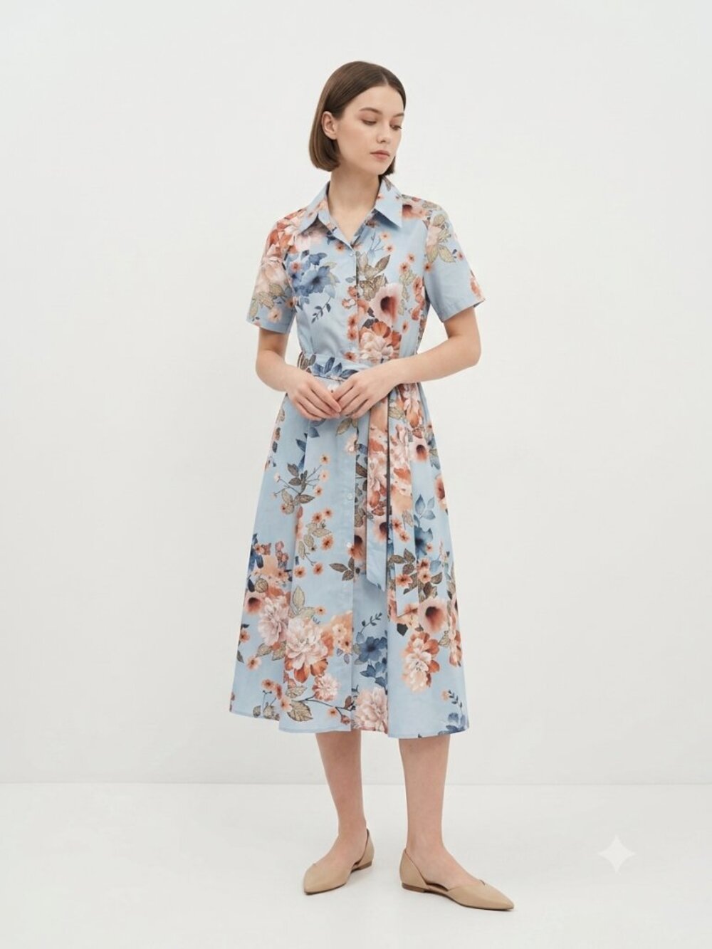 GYK Shirt Dress Blue Floral Midi Belted Boho Cottage S